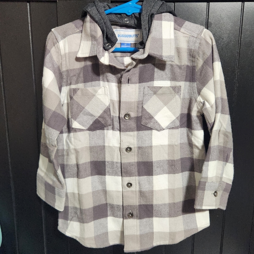 NWT Long Sleeve Hooded Gray and White Plaid Flannel Button Up Size 3T